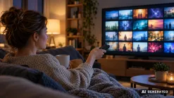 Žena vyberá film v ponuke streamovacej služby na televízore