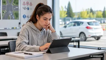 mladá žena v sivej mikine v učebni autoškoly robí test z teórie na tablete, za oknom stojí biele auto