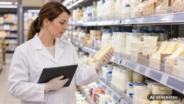 Inšpektorka kontroluje balené potraviny v regáli supermarketu