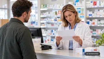 lekárnička v bielom plášti za pultom skúma papierový recept, pred pultom čaká muž, v pozadí regály liekov