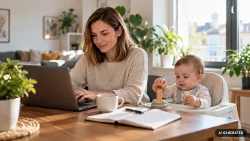 mladá mama v béžovom svetri pracuje doma na notebooku, vedľa nej bábätko v detskej stoličke sa hrá s drevenou hračkou
