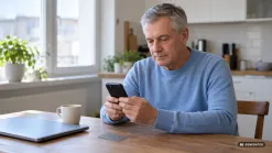 starší muž v modrom svetri pri kuchynskom stole pokojne kontroluje účet v mobile, vedľa notebook, káva a platobná karta