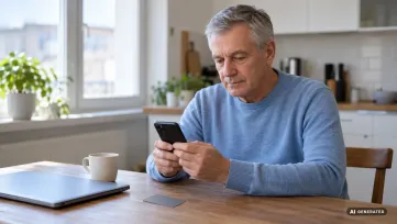 starší muž v modrom svetri pri kuchynskom stole pokojne kontroluje účet v mobile, vedľa notebook, káva a platobná karta