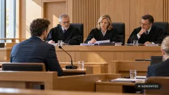trojčlenný senát v taláričoch za vyvýšeným stolom študuje spis, pred nimi sedí svedok v obleku