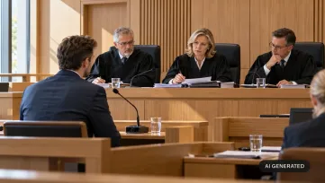 trojčlenný senát v taláričoch za vyvýšeným stolom študuje spis, pred nimi sedí svedok v obleku