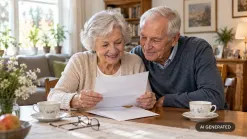 seniori pri stole v obývačke čítajú list od úradu, šálky čaju, okuliare