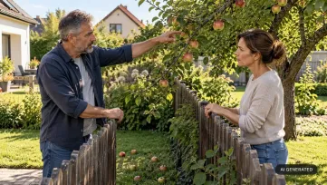 muž ukazuje na konár jablone prečnievajúci cez drevený plot, suseda počúva, v tráve spadnuté jablká
