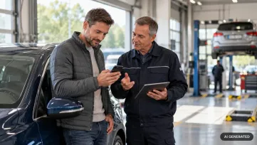 vodič pri aute si na stanici technickej kontroly pozerá výsledok v mobile, technik s tabletom mu niečo vysvetľuje