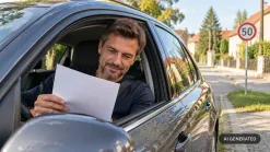 muž za volantom zaparkovaného auta číta papier, v pozadí ulica v obci a značka 50 km/h